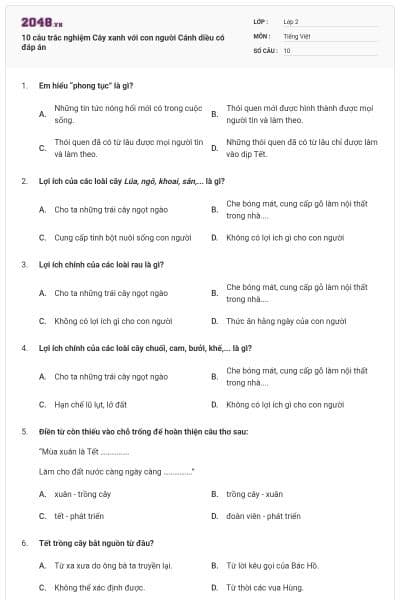 10 câu trắc nghiệm Cây xanh với con người Cánh diều có đáp án