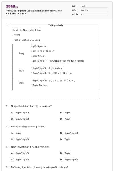 10 câu trắc nghiệm Lập thời gian biểu một ngày đi học Cánh diều có đáp án