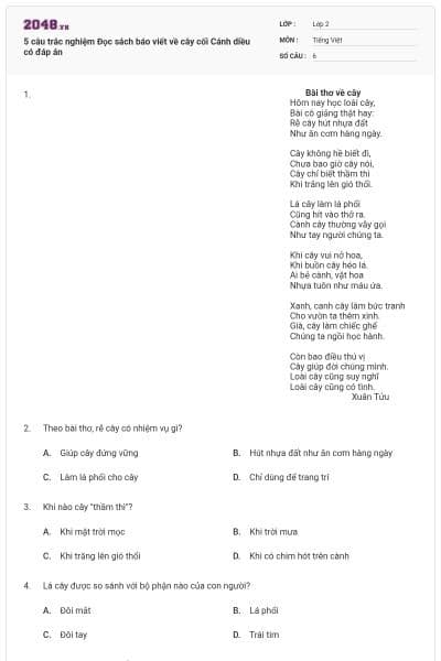5 câu trắc nghiệm Đọc sách báo viết về cây cối Cánh diều có đáp án