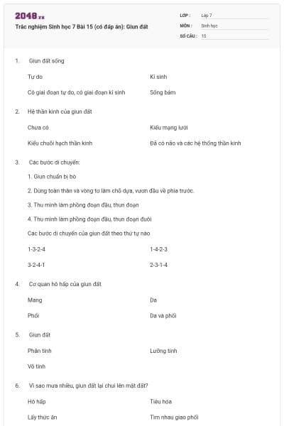 Trắc nghiệm Sinh học 7 Bài 15 (có đáp án): Giun đất