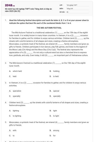 Đề minh họa tốt nghiệp THPT môn Tiếng Anh có đáp án năm 2025 (Đề 25)