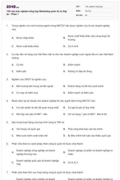 100 câu trắc nghiệm tổng hợp Marketing quốc tế có đáp án - Phần 1