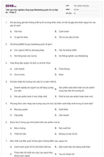 100 câu trắc nghiệm tổng hợp Marketing quốc tế có đáp án - Phần 2