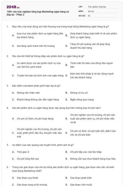 100+ câu trắc nghiệm tổng hợp Marketing ngân hàng có đáp án - Phần 2