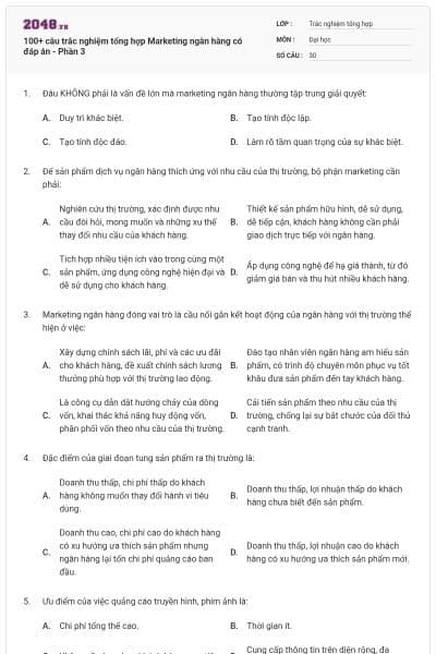 100+ câu trắc nghiệm tổng hợp Marketing ngân hàng có đáp án - Phần 3