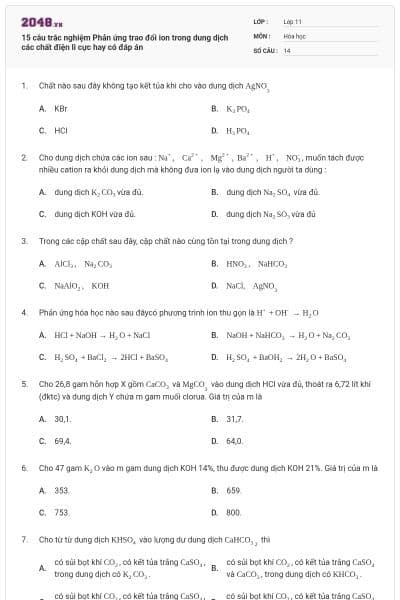 15 câu trắc nghiệm Phản ứng trao đổi ion trong dung dịch các chất điện li cực hay có đáp án