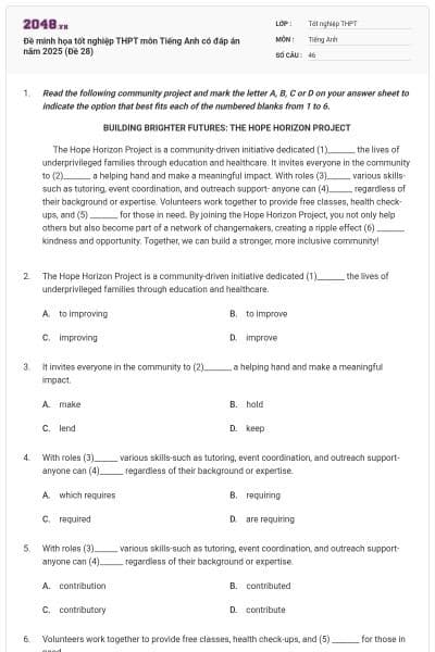 Đề minh họa tốt nghiệp THPT môn Tiếng Anh có đáp án năm 2025 (Đề 28)