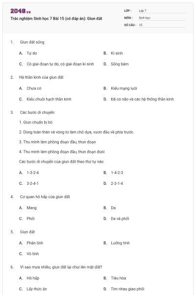 Trắc nghiệm Sinh học 7 Bài 15 (có đáp án): Giun đất