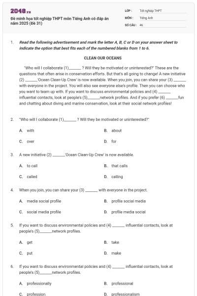 Đề minh họa tốt nghiệp THPT môn Tiếng Anh có đáp án năm 2025 (Đề 31)