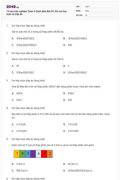 15 câu trắc nghiệm Toán 5 Cánh diều Bài 24. Em vui học toán có đáp án