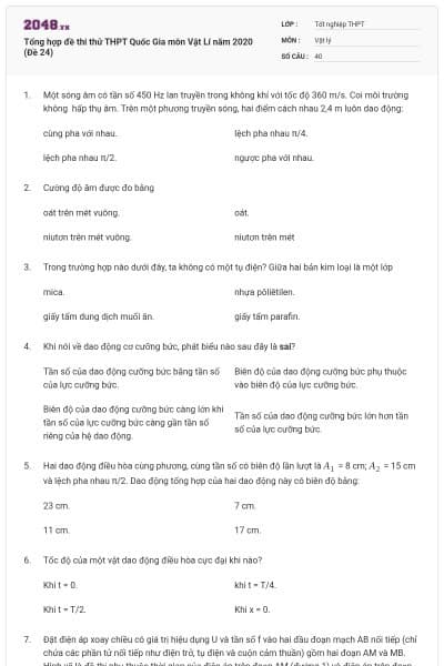 Tổng hợp đề thi thử THPT Quốc Gia môn Vật Lí năm 2020 (Đề 24)