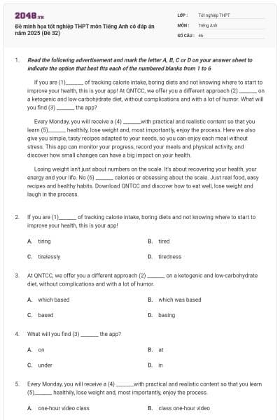 Đề minh họa tốt nghiệp THPT môn Tiếng Anh có đáp án năm 2025 (Đề 32)