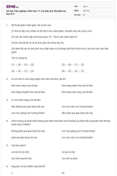30 câu  Trắc nghiệm Sinh Học 11 (có đáp án): Đề kiểm tra học kì 2