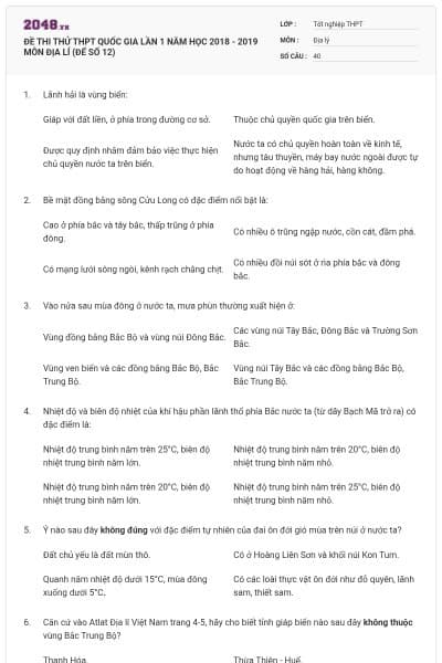 ĐỀ THI THỬ THPT QUỐC GIA LẦN 1 NĂM HỌC 2018 - 2019 MÔN ĐỊA LÍ (ĐẾ SỐ 12)