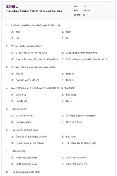 Trắc nghiệm Sinh học 7 Bài 18 (có đáp án): Trai sông