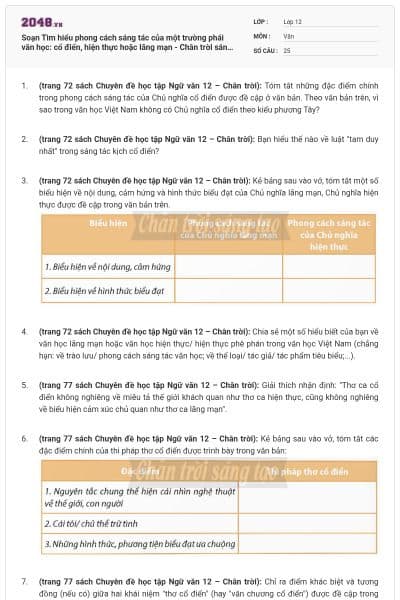 Soạn Tìm hiểu phong cách sáng tác của một trường phái văn học: cổ điển, hiện thực hoặc lãng mạn - Chân trời sáng tạo