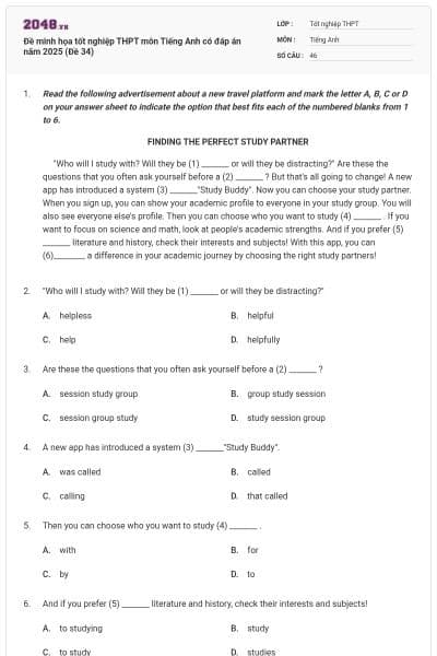 Đề minh họa tốt nghiệp THPT môn Tiếng Anh có đáp án năm 2025 (Đề 34)