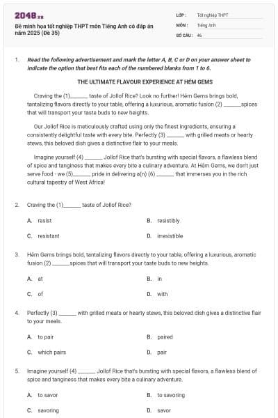 Đề minh họa tốt nghiệp THPT môn Tiếng Anh có đáp án năm 2025 (Đề 35)