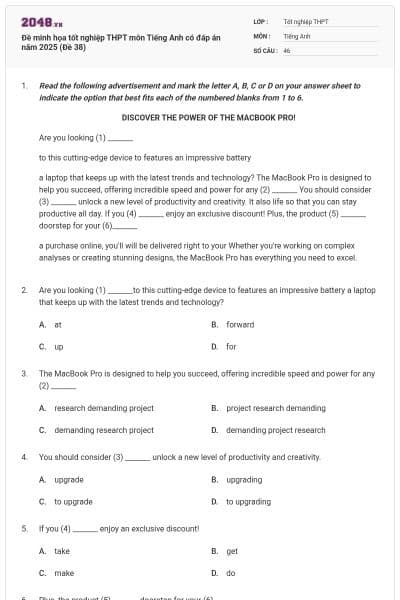 Đề minh họa tốt nghiệp THPT môn Tiếng Anh có đáp án năm 2025 (Đề 38)