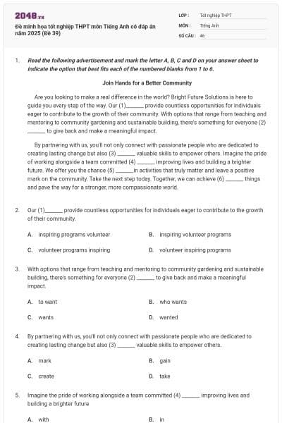 Đề minh họa tốt nghiệp THPT môn Tiếng Anh có đáp án năm 2025 (Đề 39)