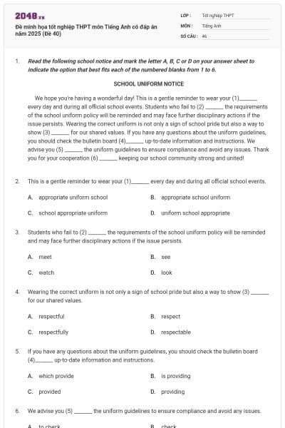 Đề minh họa tốt nghiệp THPT môn Tiếng Anh có đáp án năm 2025 (Đề 40)