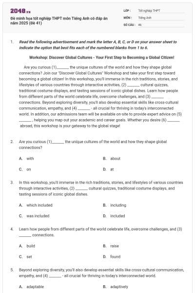 Đề minh họa tốt nghiệp THPT môn Tiếng Anh có đáp án năm 2025 (Đề 41)