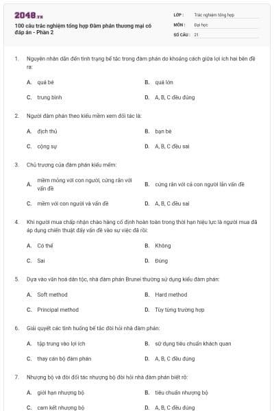 100 câu trắc nghiệm tổng hợp Đàm phán thương mại có đáp án - Phần 2