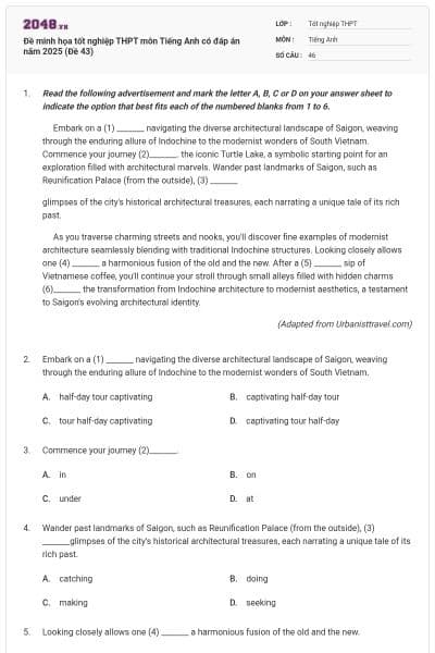 Đề minh họa tốt nghiệp THPT môn Tiếng Anh có đáp án năm 2025 (Đề 43)