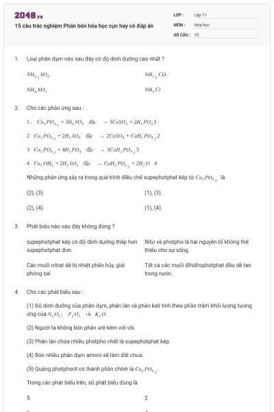 15 câu trắc nghiệm Phân bón hóa học cực hay có đáp án