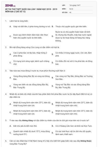 ĐỀ THI THỬ THPT QUỐC GIA LẦN 1 NĂM HỌC 2018 - 2019 MÔN ĐỊA LÍ (ĐẾ SỐ 12)