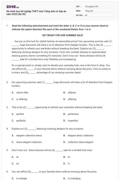 Đề minh họa tốt nghiệp THPT môn Tiếng Anh có đáp án năm 2025 (Đề 45)