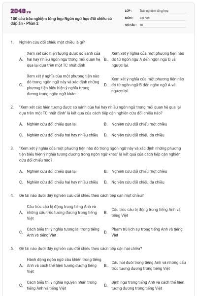 100 câu trắc nghiệm tổng hợp Ngôn ngữ học đối chiếu có đáp án - Phần 2