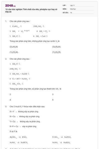 16 câu trắc nghiệm Tính chất của nitơ, photpho cực hay có đáp án