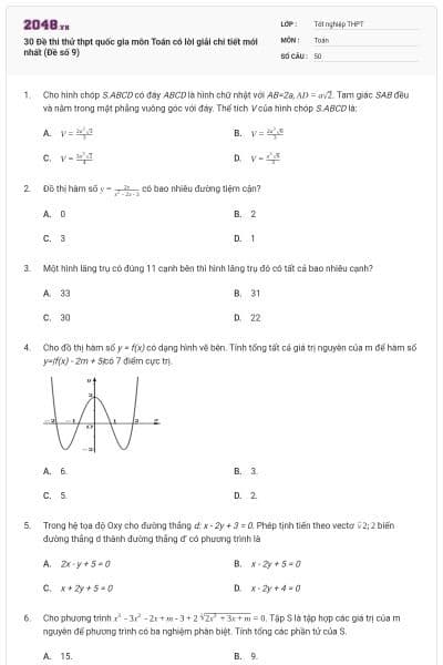 30 Đề thi thử thpt quốc gia môn Toán có lời giải chi tiết mới nhất (Đề số 9)