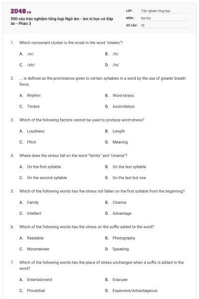 500 câu trắc nghiệm tổng hợp Ngữ âm - âm vị học có đáp án - Phần 3