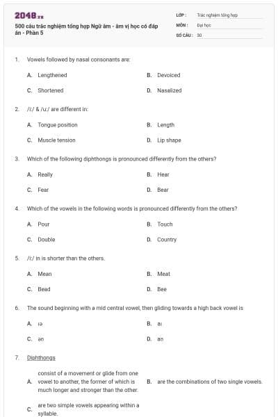 500 câu trắc nghiệm tổng hợp Ngữ âm - âm vị học có đáp án - Phần 5