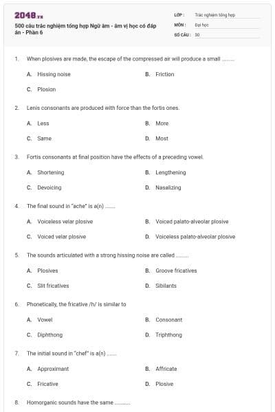 500 câu trắc nghiệm tổng hợp Ngữ âm - âm vị học có đáp án - Phần 6