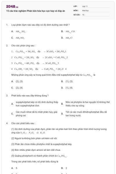 15 câu trắc nghiệm Phân bón hóa học cực hay có đáp án