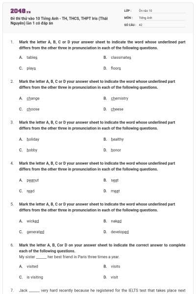 Đề thi thử vào 10 Tiếng Anh - TH, THCS, THPT Iris (Thái Nguyên) lần 1 có đáp án