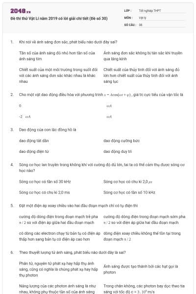 Đề thi thử Vật Lí năm 2019 có lời giải chi tiết (Đề số 30)