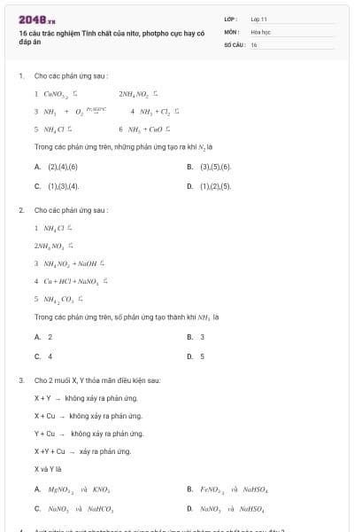 16 câu trắc nghiệm Tính chất của nitơ, photpho cực hay có đáp án