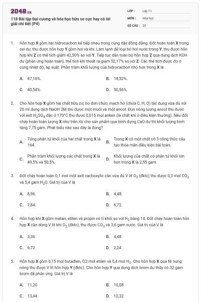 118 Bài tập Đại cương về hóa học hữu cơ cực hay có lời giải chi tiết (P4)