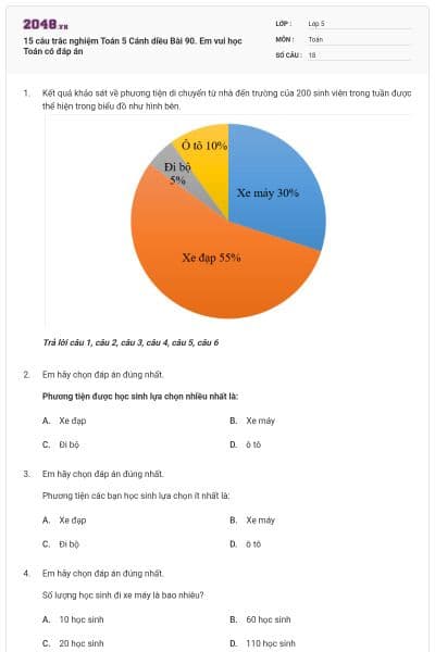 15 câu trắc nghiệm Toán 5 Cánh diều Bài 90. Em vui học Toán có đáp án
