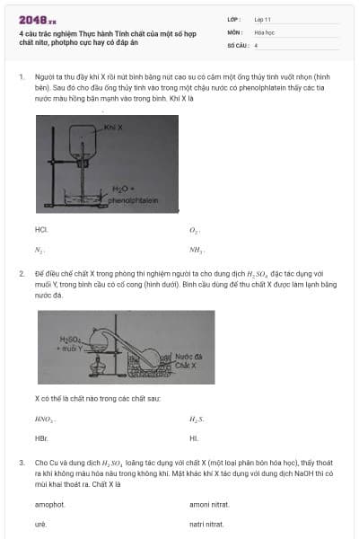 4 câu trắc nghiệm Thực hành Tính chất của một số hợp chất nitơ, photpho cực hay có đáp án