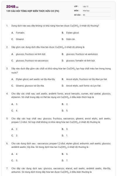 139 CÂU HỎI TỔNG HỢP KIẾN THỨC HỮU CƠ (P4)