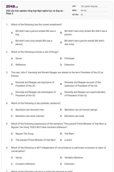 500 câu trắc nghiệm tổng hợp Ngữ nghĩa học có đáp án - Phần 5