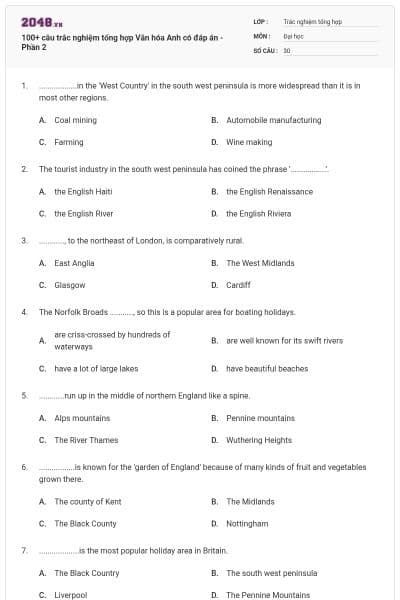 100+ câu trắc nghiệm tổng hợp Văn hóa Anh có đáp án - Phần 2
