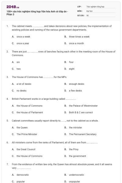 100+ câu trắc nghiệm tổng hợp Văn hóa Anh có đáp án - Phần 3