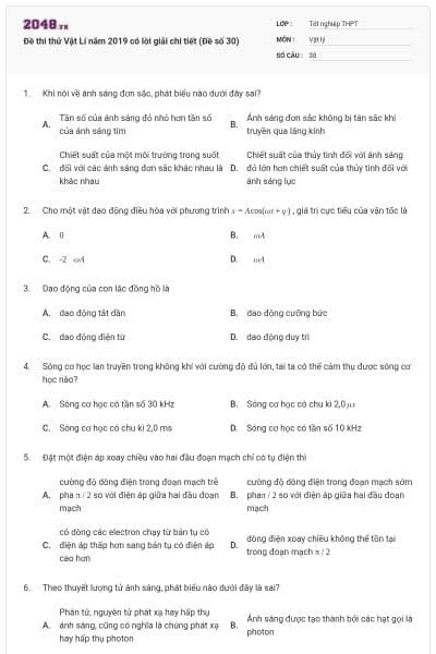 Đề thi thử Vật Lí năm 2019 có lời giải chi tiết (Đề số 30)