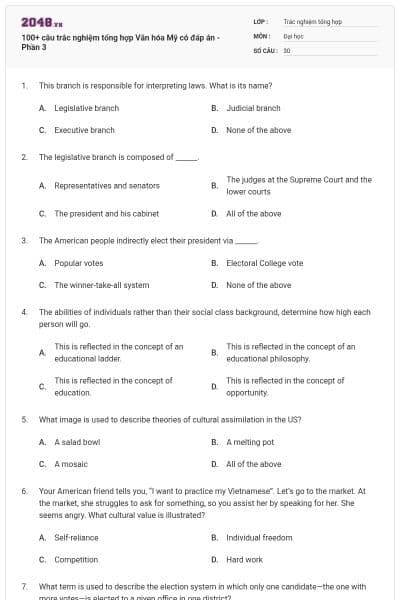 100+ câu trắc nghiệm tổng hợp Văn hóa Mỹ có đáp án - Phần 3